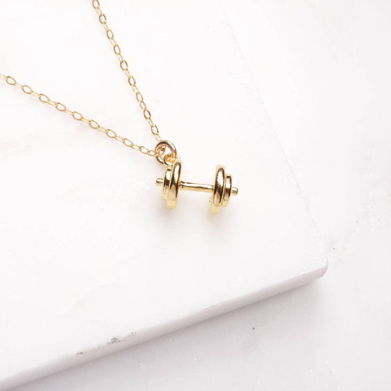 Gold Dumbell Necklace for Women For the Athletic, fitness, strong gals Strength Necklace Dainty gold necklace Active lifestyle. image 2
