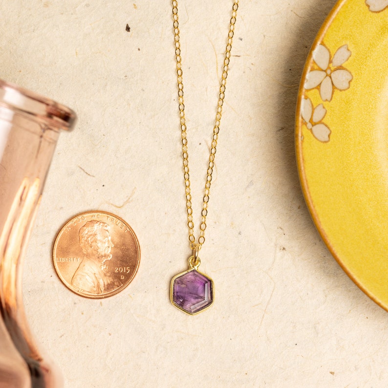 Amethyst Hexagon Necklace and Earrings Matching Set Delicate, Dainty, geometric, minimalist, gold jewelry gift for mom, wife, girlfriend image 5