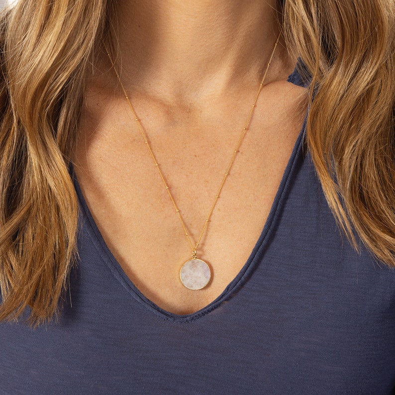 Moonstone Circle Necklace Minimalist Round Disc Rainbow Moonstone Slice Pendant on 14k Gold Filled 22 inch Satellite Chain for Layering image 5