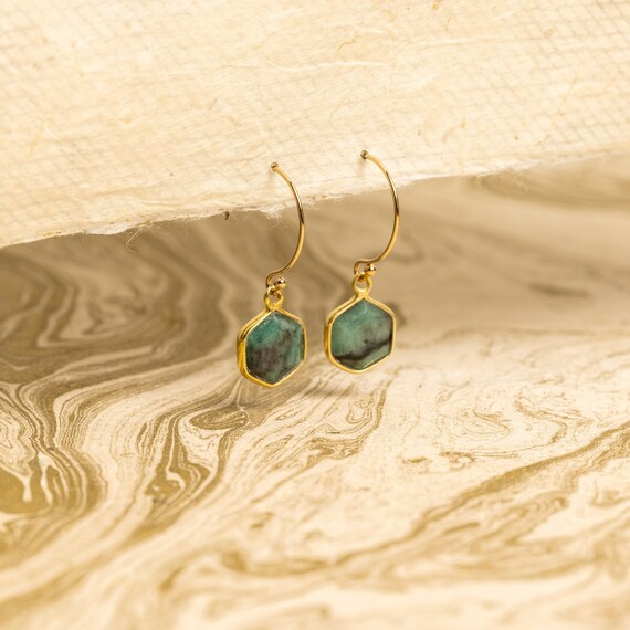 Emerald Hexagon Drop Earrings - Geometric, Dainty, Femenine, Minimalist Gold Handmade Jewelry Gifts for wife, girlfriend, mom, bff
