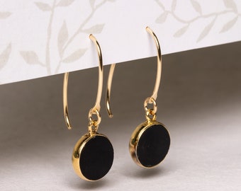 Black onyx and gold stunning circle drop earrings for her - Unique, elegant, minimalist jewelry gift ideas for you, wife, mom, aunt, niece