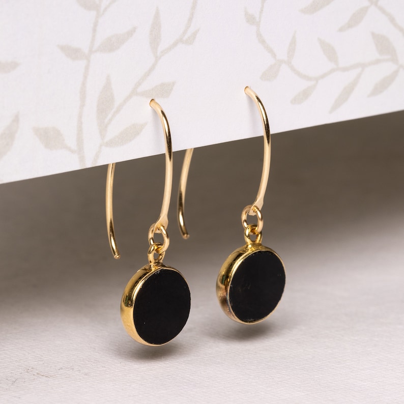 Black Obsidian and gold stunning circle drop earrings for her Unique, elegant, minimalist jewelry gift ideas for wife, mom, aunt, niece image 1