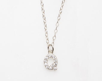 Letter "Q" silver initial pendant - Dainty CZ Pave sterling silver "Q" letter initial - Simple and Sophisticated sterling silver chain.