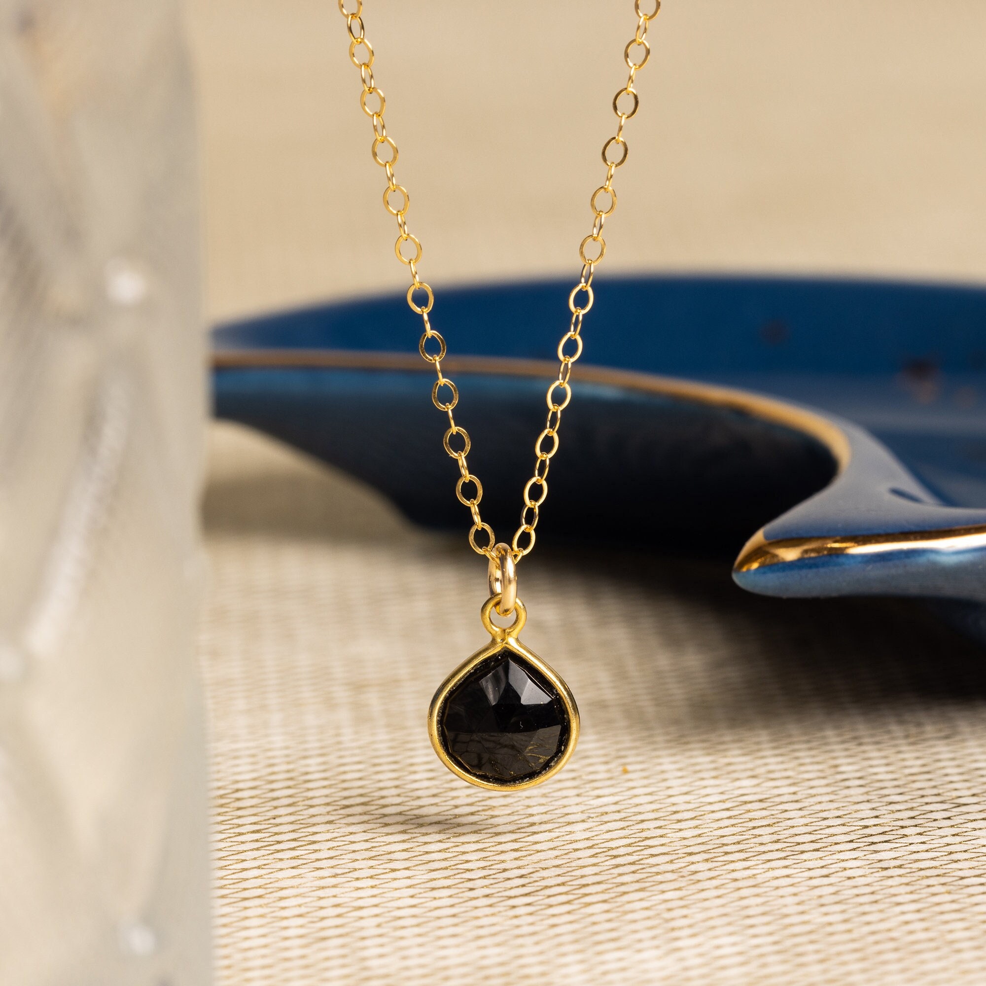 Black Onyx Drop Gemstone Pendant Necklace - Minimalist