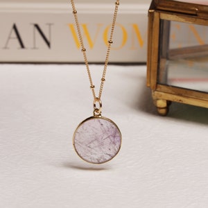 Amethyst Circle Necklace Round slice of genuine amethyst gemstone bezel in vermeil gold on 14k gold filled satellite chain Gifts for her image 9