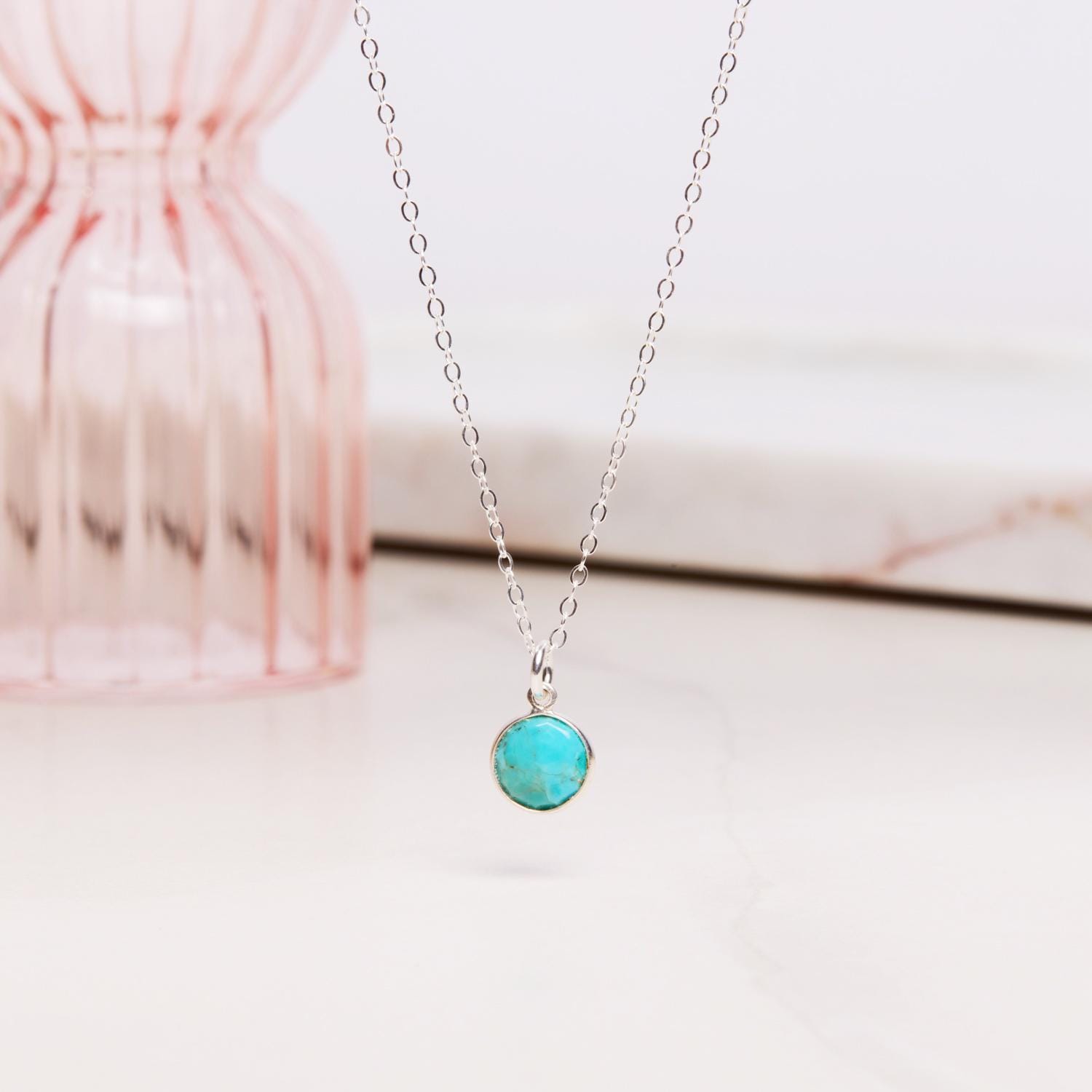 Turquoise Pendant - 925 Sterling Silver Circle Necklace - Delicate