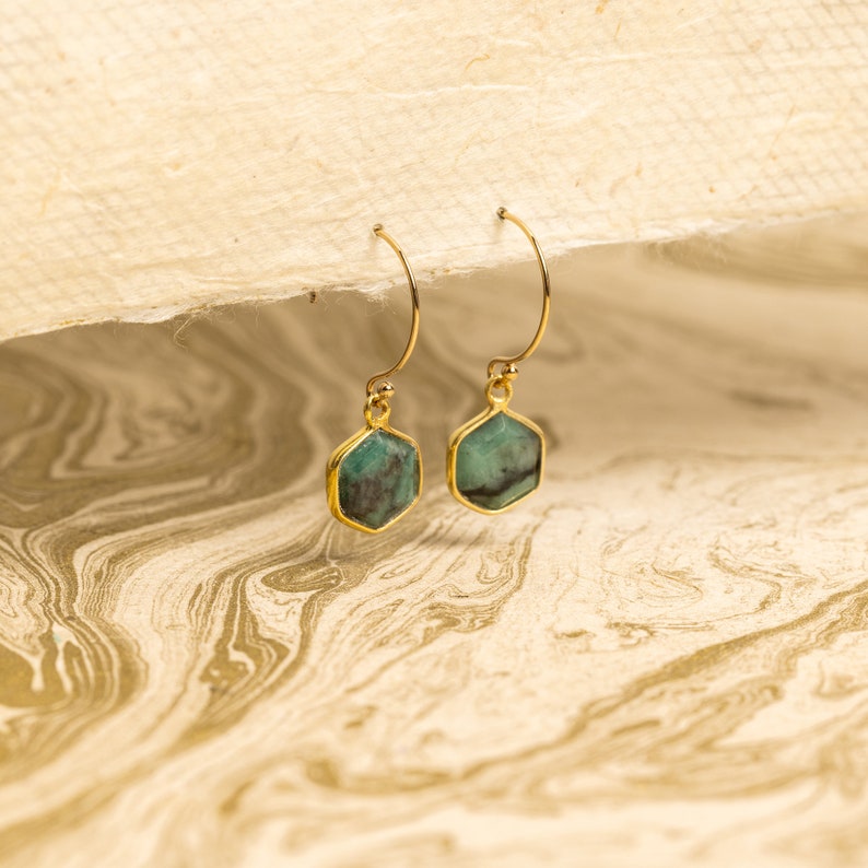 Emerald Hexagon Necklace and Earrings Matching Set Delicate, Dainty, geometric, minimalist, gold jewelry gift for mom, wife, girlfriend image 7
