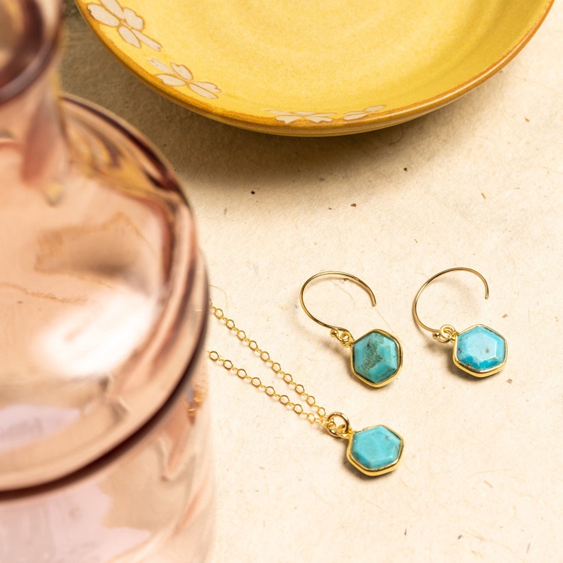 Turquoise Hexagon Necklace and Earrings Matching Set Delicate, Dainty, geometric, minimalist, gold jewelry gift for mom, wife, girlfriend image 1