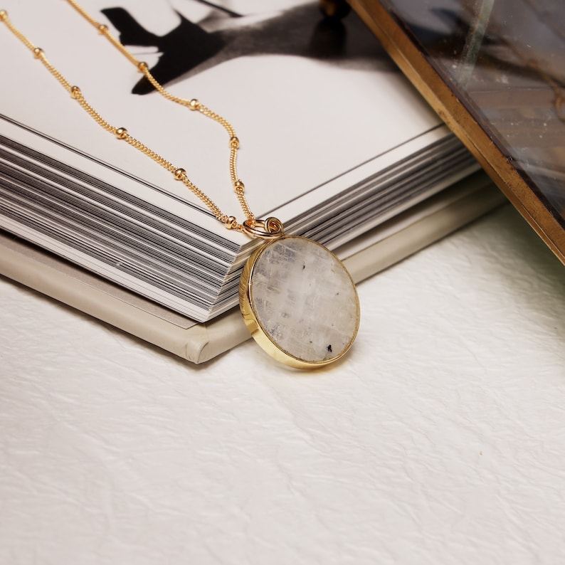 Moonstone Circle Necklace Minimalist Round Disc Rainbow Moonstone Slice Pendant on 14k Gold Filled 22 inch Satellite Chain for Layering image 2