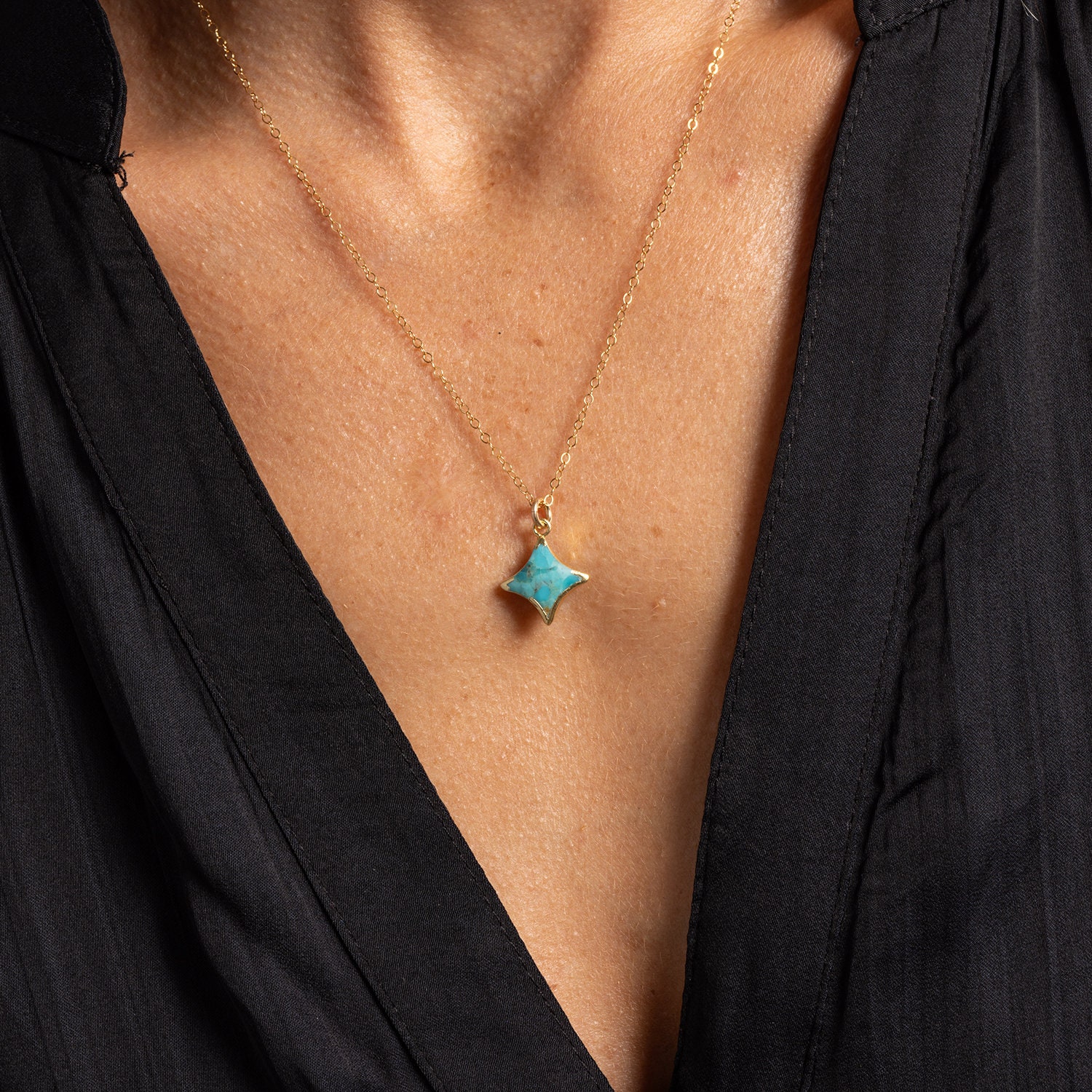 Turquoise Gold Four Point Star Necklace - Bezel Gemstone Charm 14k