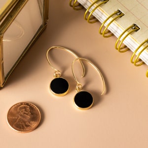 Black Obsidian and gold stunning circle drop earrings for her Unique, elegant, minimalist jewelry gift ideas for wife, mom, aunt, niece image 3
