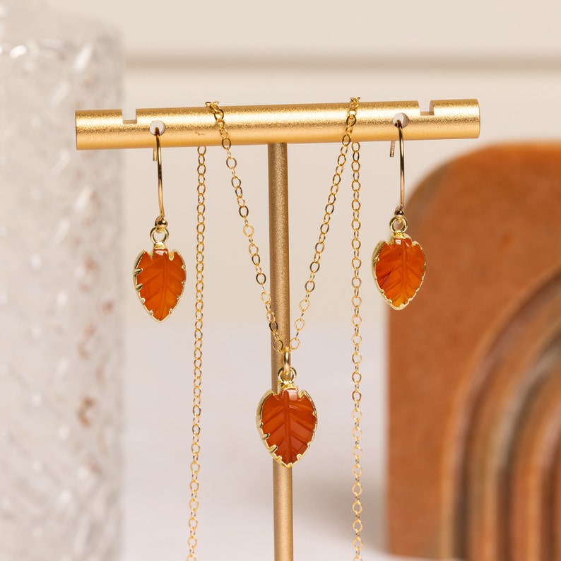 Carnelian Necklace Set Leaf shape gemstones matching SET of earrings AND necklace 14k gold filled chain and earwires Bridesmaids gift image 3