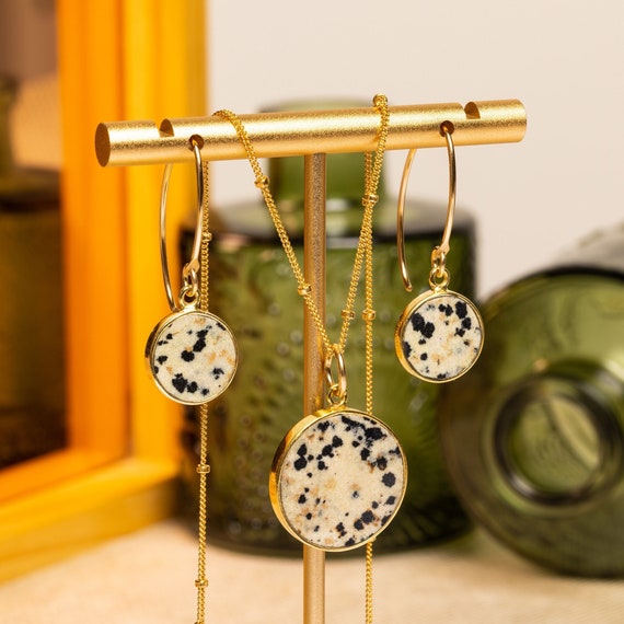 Dalmatian Jasper Necklace Set - Round Circle Disc matching SET of earrings AND necklace - Gift for Bridesmaids, girlfriend, wife, sister