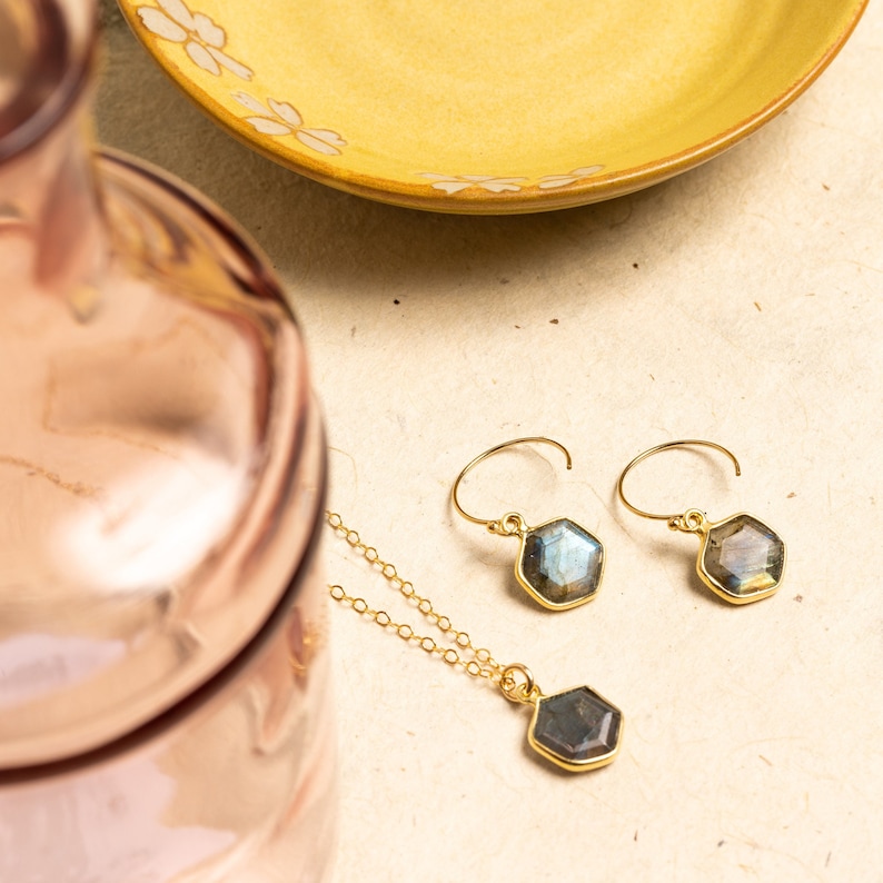 Labradorite Hexagon Necklace and Earrings Matching Set Delicate, Dainty, geometric, minimalist, gold jewelry gift for mom, wife, girlfriend image 1