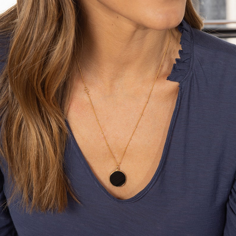 Black Obsidian Circle Pendant Necklace for Her Minimalist geometric jewelry on 20 inch 14k gold filled satellite chain Mother's Day Gift image 5