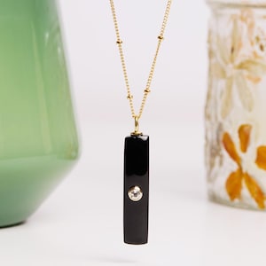 Black Onyx Gold Pendant Necklace - 30x6mm black gemstone long bar - white topaz solitaire on 14k gold filled satellite chain - Gift for mom