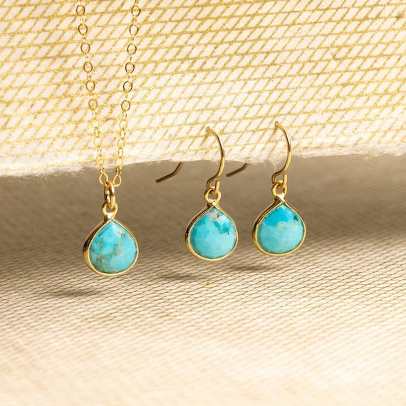 Turquoise Necklace and Drop Earrings Matching Set - Delicate, Dainty, minimalist, simple gold jewelry gift for mom, wife, girlfriend, friend
