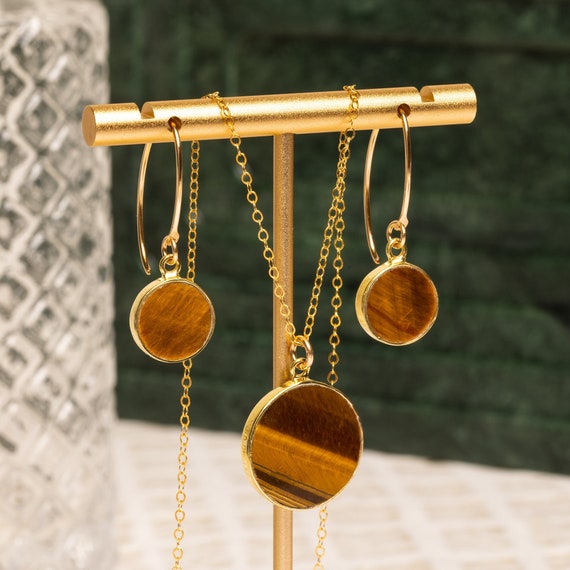 Tiger Eye Necklace and Earrings Set - Dainty, minimalist gold jewelry - Gift for mother in law, grandma, bridesmaids, graduate, new mom, bff