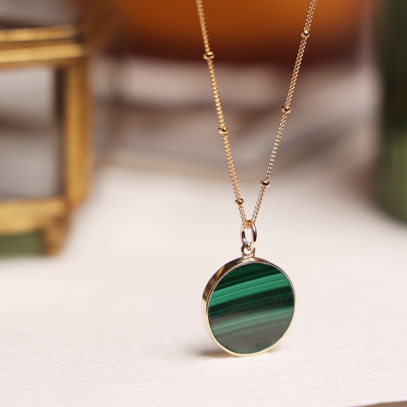 Green Malachite Circle Disc Pendant Necklace on 14k gold filled 20 inch Satellite chain Jewelry Gifts for her Minimalist Boho layering style image 1