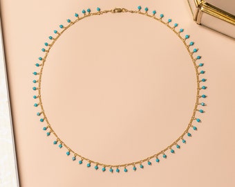 Beaded Turquoise Necklace - Gold filled and blue turquoise bead chain necklace - minimalist, elegant jewelry for her, mom, grandma, bff