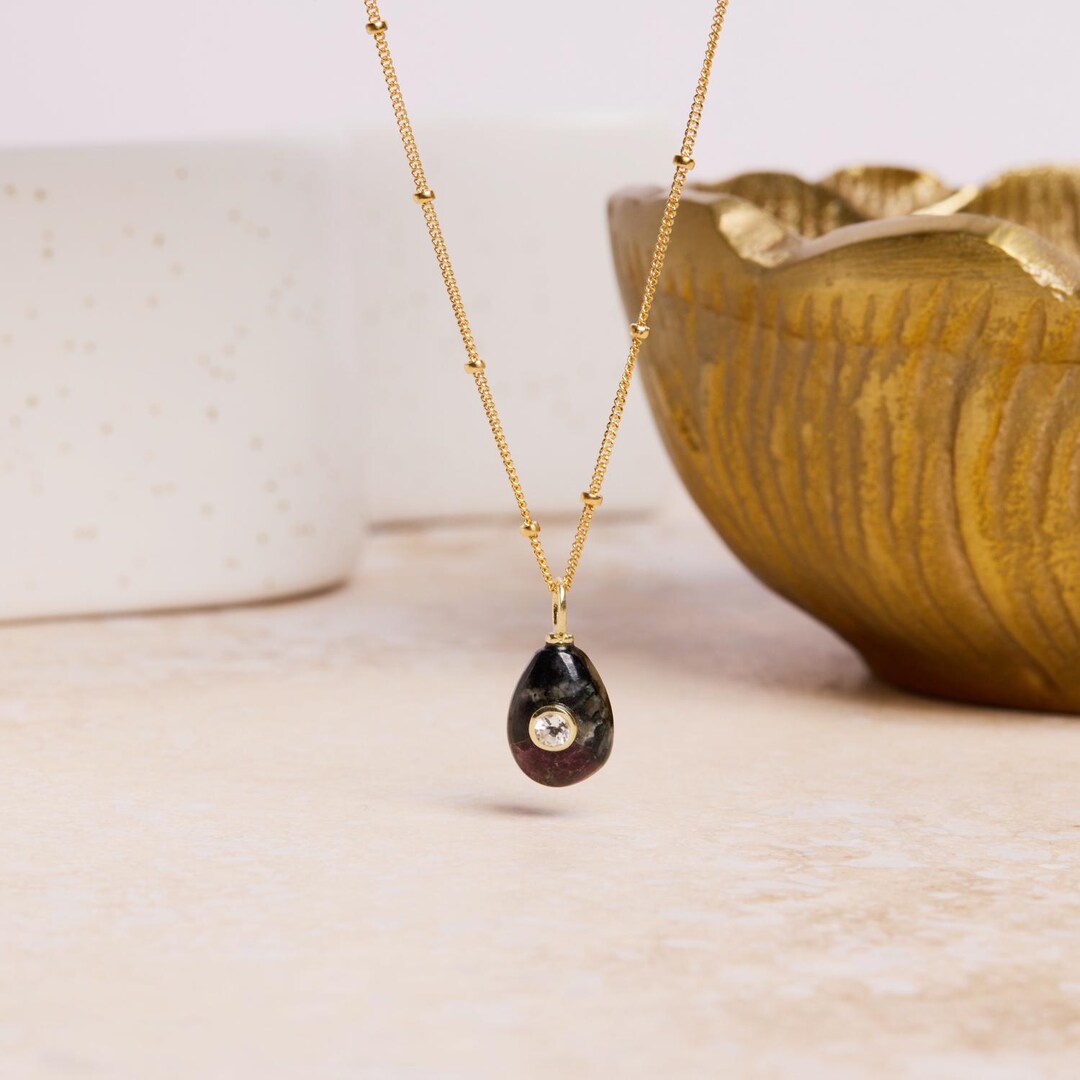 Gold Hyperstein Teardrop Pendant Necklace - Minimalist, Geometric
