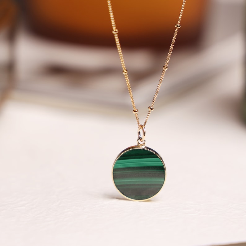 Green Malachite Circle Disc Pendant Necklace on 14k gold filled 20 inch Satellite chain Jewelry Gifts for her Minimalist Boho layering style image 4