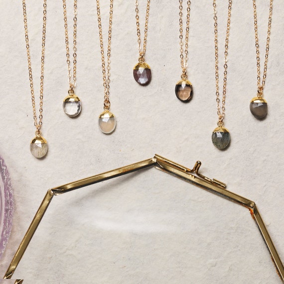 Oval drop necklace - Oval gemstone pendant - Gifts for Her, Rutilated Quartz, Mystic White Chalcedony, Moonstone, Prehnite, Dainty Petite