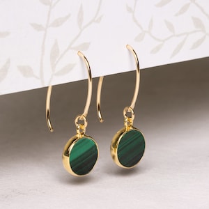 Statement Green Malachite Circle Drop earrings for her - 14k gold filled wire, Vermeil gold bezel - Unique elegant jewelry for her, mom, bff