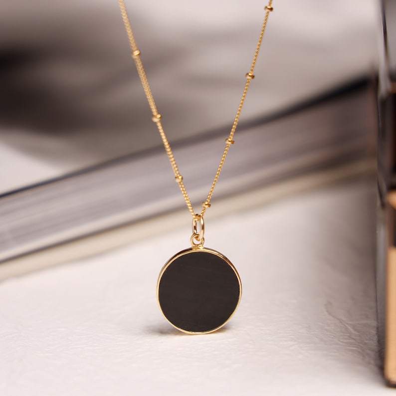 Black Obsidian Circle Pendant Necklace for Her Minimalist geometric jewelry on 20 inch 14k gold filled satellite chain Mother's Day Gift image 4