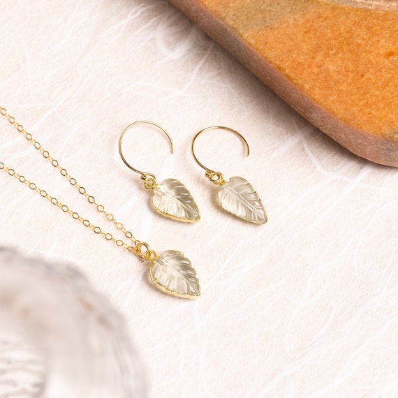 Green Amethyst Necklace Set - Leaf shape gemstones matching SET of earrings AND necklace 14k gold filled chain and earwire - Bridesmaid gift