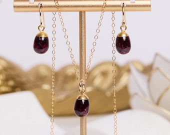 Garnet Drop Earrings and/or necklace singles or Set - Gold dangle gemstones - Jewelry gift for bridesmaids, wife, sister, daughter, aunt