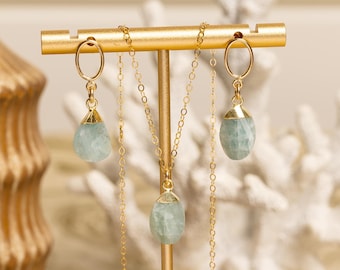 Aquamarine Jewelry Set / Gold Oval Pebble Style Drop Pendant Necklace and Pushback Earrings / Jewelry Gifts for her, mom, girlfriend, bff