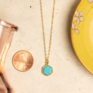Turquoise Hexagon Necklace and Earrings Matching Set Delicate, Dainty, geometric, minimalist, gold jewelry gift for mom, wife, girlfriend image 6