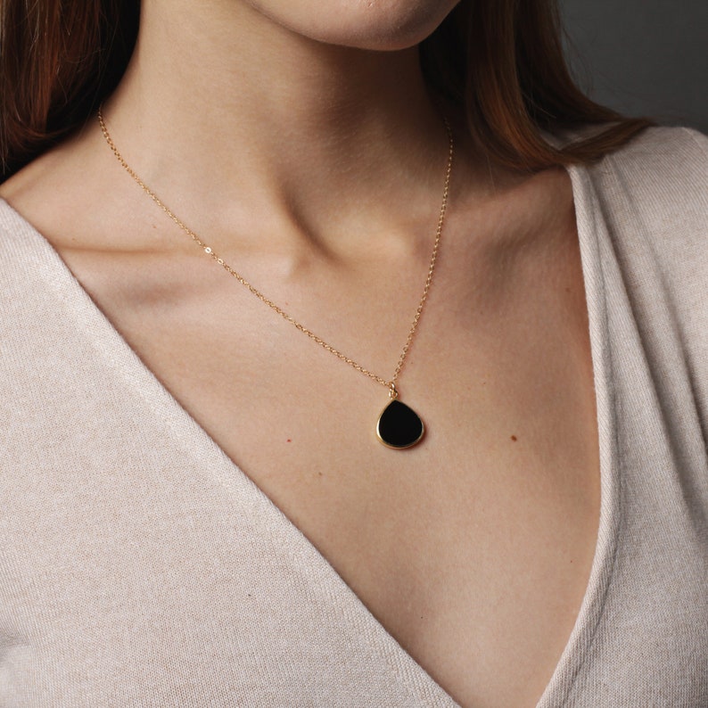 Black onyx drop necklace on 14k dainty gold filled chain Jewelry gifts for Her Black and gold jewelry Minimalist necklaces Black image 1