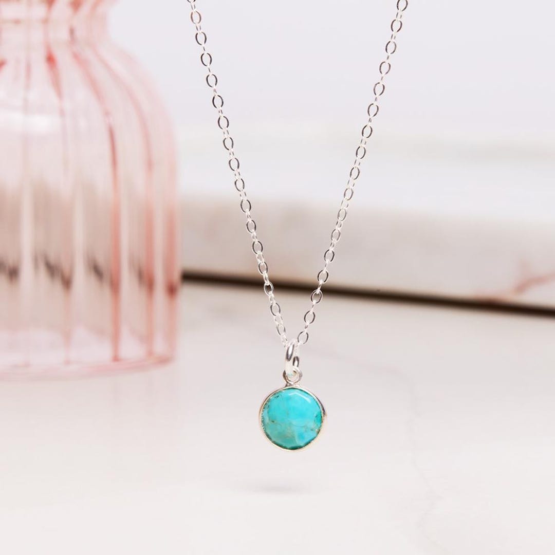 Turquoise Pendant - 925 Sterling Silver Circle Necklace - Delicate