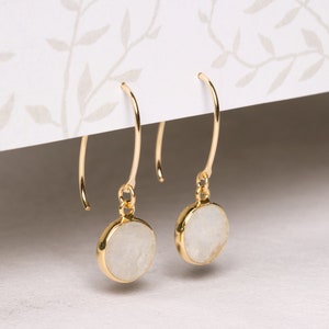 Rainbow moonstone gold drop earrings for her - stunning, statement minimalist raw white moonstone jewelry for her - gift ideas for wife