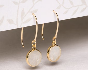 Rainbow moonstone gold drop earrings for her - stunning, statement minimalist raw white moonstone jewelry for her - gift ideas for wife