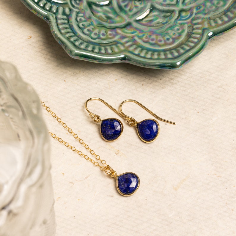 Lapis Lazuli Necklace and Drop Earrings Matching Set Delicate, Dainty, minimalist, simple gold jewelry gift for mom, girlfriend, daughter image 3