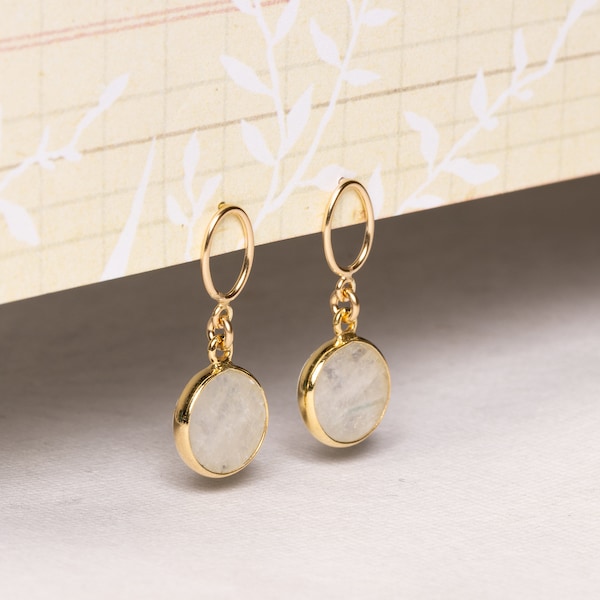 Minimalist Round Circle Rainbow Moonstone Earrings Vermeil Gold Bezel and 14k Gold Filled earring and post Jewelry gifts for mom, wife, bff