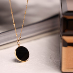 Black Obsidian Circle Pendant Necklace for Her Minimalist geometric jewelry on 20 inch 14k gold filled satellite chain Mother's Day Gift image 8