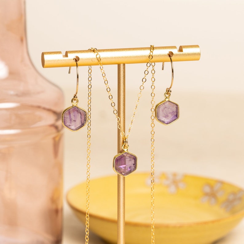 Amethyst Hexagon Necklace and Earrings Matching Set Delicate, Dainty, geometric, minimalist, gold jewelry gift for mom, wife, girlfriend image 3