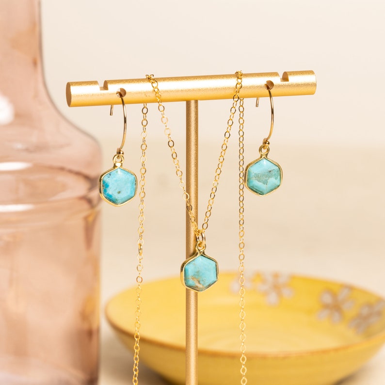 Turquoise Hexagon Necklace and Earrings Matching Set Delicate, Dainty, geometric, minimalist, gold jewelry gift for mom, wife, girlfriend image 4