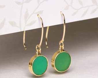 Chrysoprase Round Gemstone Drop Earrings - Vibrant green authentic stone with 14k gold filled wires - Elegant, statement earrings for her