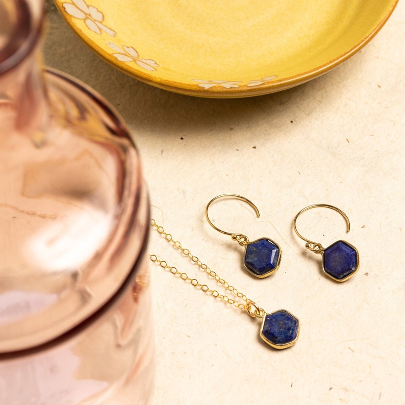 Lapis Lazuli Hexagon Necklace and Earrings Matching Set Delicate, Dainty, geometric, minimalist, gold jewelry gift for mom, wife, girlfriend image 1