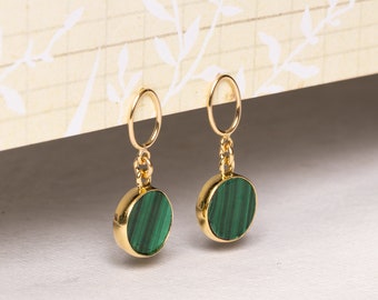 Stunning Malachite Earrings - Green and gold round circle vermeil bezel gemstones with 14k gold filled earring posts - Jewelry for her