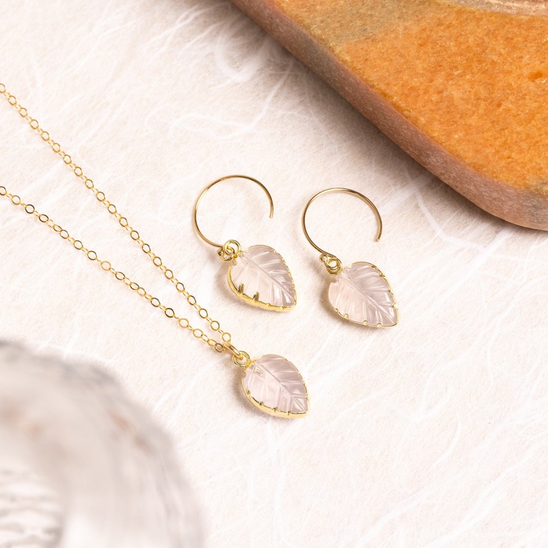 Rose Quartz Necklace Set Leaf shape gemstones matching SET of earrings AND necklace 14k gold filled chain and earwire Bridesmaids gift image 1