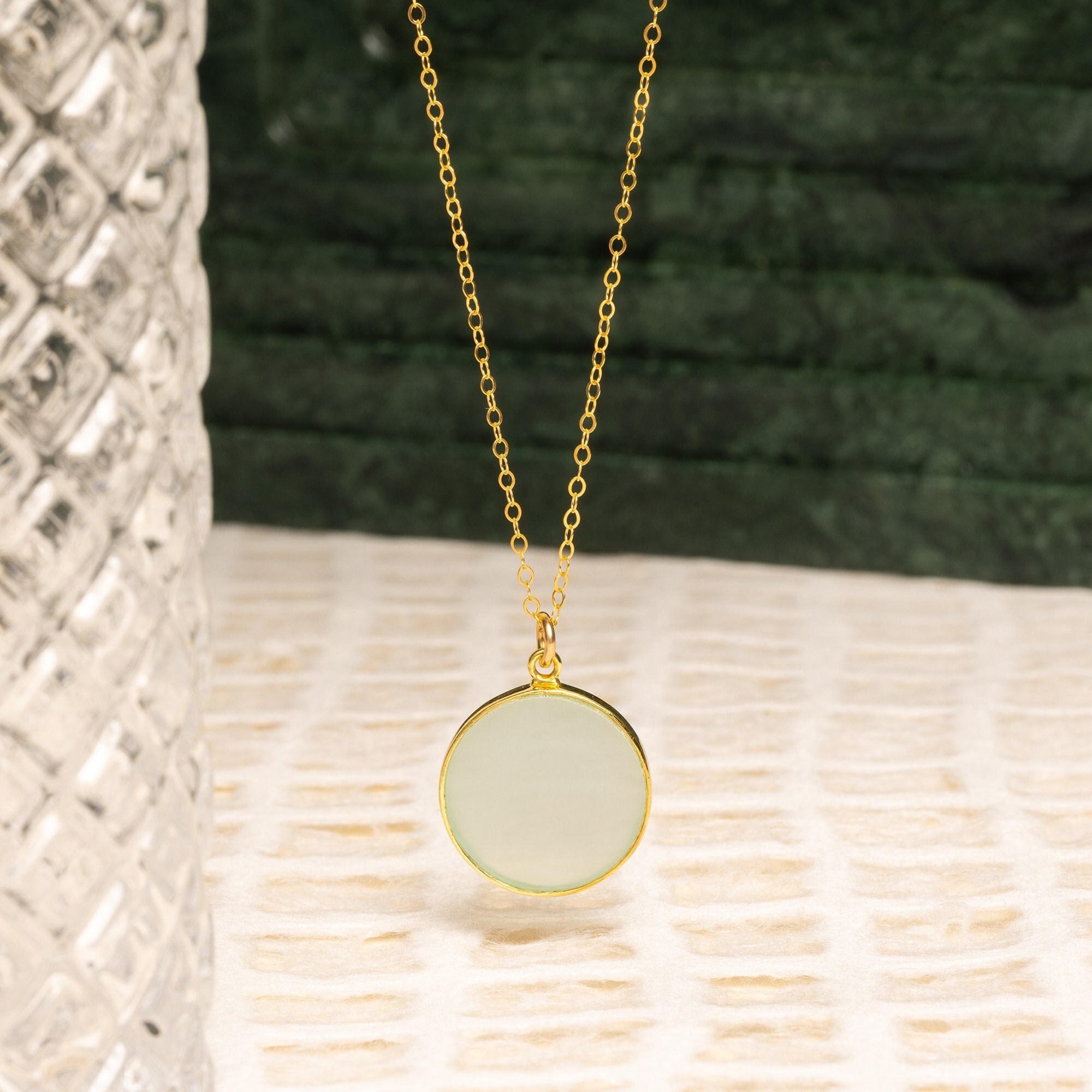 Aqua Chalcedony round pendant necklace on 14k gold filled dainty chain / Unique jewelry gifts for her / Gold layering gifts for wife, bff