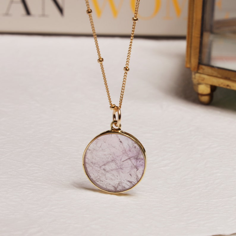 Amethyst Circle Necklace Round slice of genuine amethyst gemstone bezel in vermeil gold on 14k gold filled satellite chain Gifts for her image 5