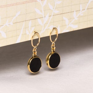 Genuine black Obsidian circle shape gemstone earrings - vermeil gold bezel - 14k gold filled post - Jewelry gifts for mom, wife, aunt, niece
