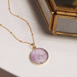 Amethyst Circle Necklace Round slice of genuine amethyst gemstone bezel in vermeil gold on 14k gold filled satellite chain Gifts for her image 4